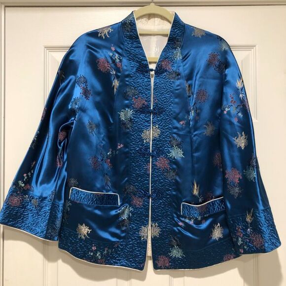 Vintage Silk Blue Ivory Embroidered Kimono Reversible Floral Jacket Large - Picture 13 of 13